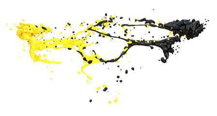 black and yellow color splashes collide, isolated on white