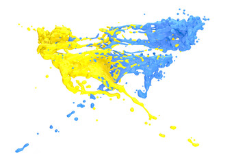 yellow and blue paint splashes collide, isolated on white