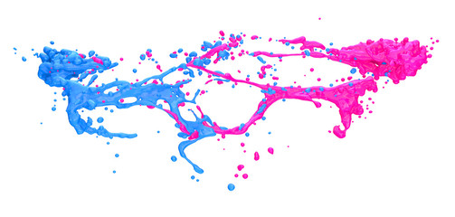 pink and blue color splashes collide, isolated on white