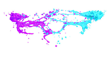 blue and purple paint splashes collide, isolated on white