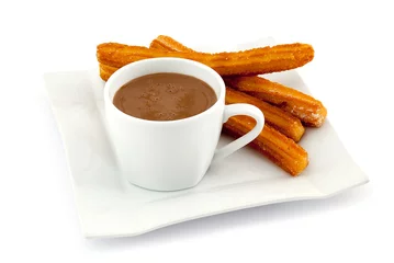 Crédence de cuisine en verre imprimé Chocolat Churros with hot chocolate