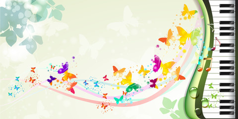 Springtime background with butterflies and piano keys