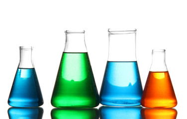 Test tubes with colorful liquids isolated on white