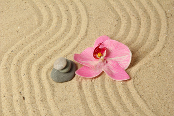 Fototapeta na wymiar Zen garden with raked sand and round stones close up