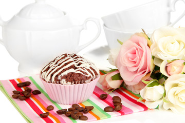 Sweet chocolate cupcake close up