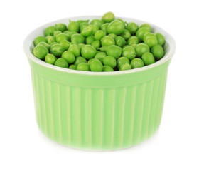 Sweet green peas in bowl isolated on white