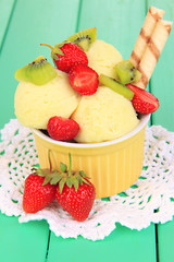 Delicious  ice cream with fruits and berries in bowl