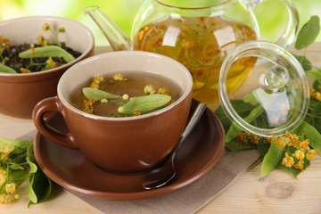 Kettle and cup of tea with linden
