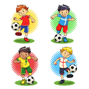 Soccer player boys with different uniforms. Vector EPS10 file.