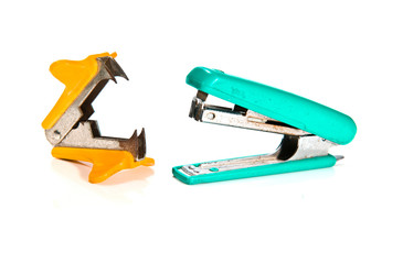 Kit of stapler, staple remover on white background