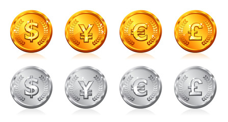 Gold & silver coins with many currency in vector