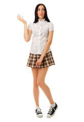 Fototapeta premium Modest girl in plaid skirt