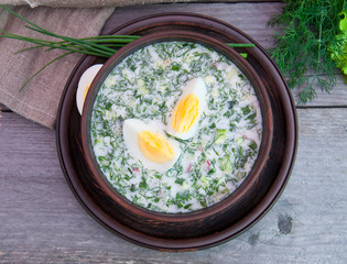 Cold vegetable kefir soup with eggs and greens