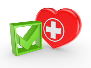 Green tick mark and symbol of medicine.