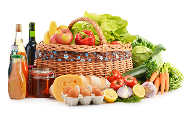 Composition with assorted grocery products isolated on white