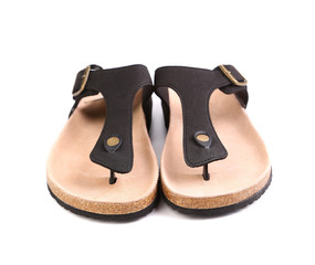 A couples brown sandals close-up.