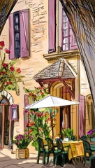 Papier Peint photo Lavable Café de rue dessiné Rue en Toscane - illustration