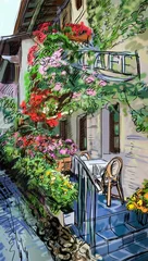 Papier Peint Lavable Café de rue dessiné Rue en Toscane - illustration