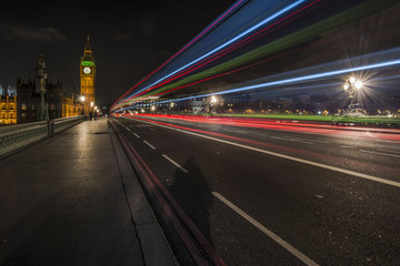 Fototapeta na wymiar The Big Ben at night and light trails, London, UK