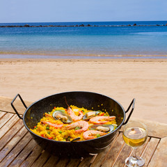 Seafood paella in seaside cafe
