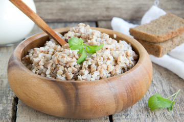buckwheat in a wooden plate.