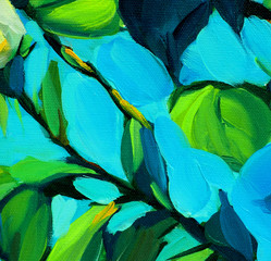 leaves against blue sky, painting by oil on canvas, illustration