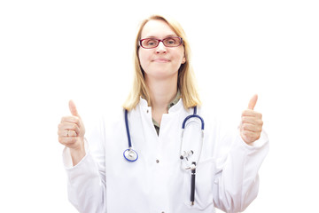 Smiling female doctor showing thumbs up