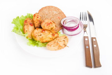 boiled potatoes and beef green salad leaves