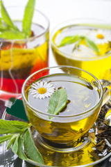 Cup with green tea and green leaves.