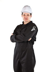 Handyman wearing uniform and hardhat