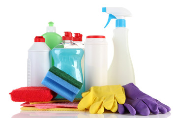 Bottles of dishwashing liquid and kitchen cleaners, isolated