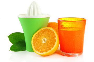 Citrus press, glass of juice and ripe oranges, isolated on