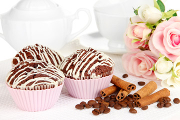 Sweet chocolate cupcakes close up
