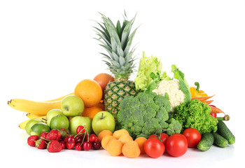 Naklejka na ściany i meble Assortment of fresh fruits and vegetables, isolated on white