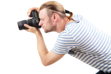 Handsome photographer with camera, isolated on white