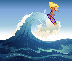 A girl surfing with big waves