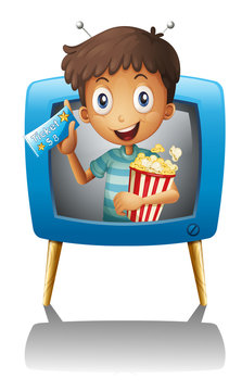 A boy inside the TV with a popcorn and a ticket