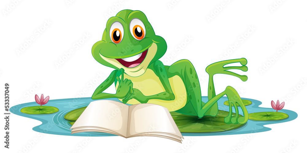 Poster a frog lying while reading a book