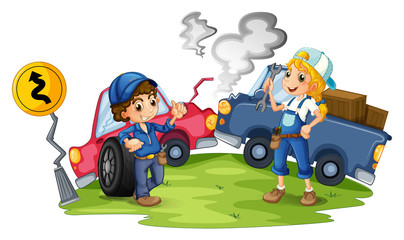 A male and a female mechanic fixing the damaged cars