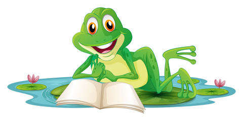 Naklejka premium A frog lying while reading a book
