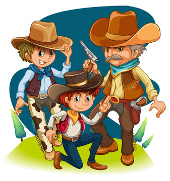 Three cowboys in different positions