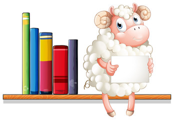A sheep holding an empty signage sitting above the wooden shelf
