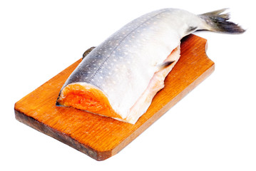 Salmon sliced on  cutting board, isolated on white background