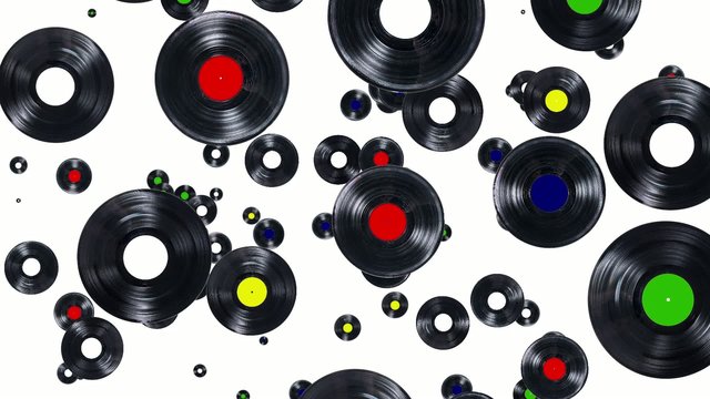 Records falling down on white background (ends on blue)