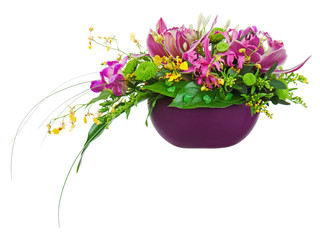 Colorful flower bouquet arrangement centerpiece in vase isolated