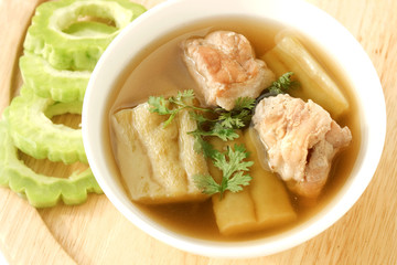 Chinese bitter cucumber soup with pork rip