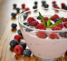 Yogurt with raspberries and blueberries