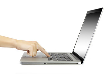 laptop with woman hand isolated on white background