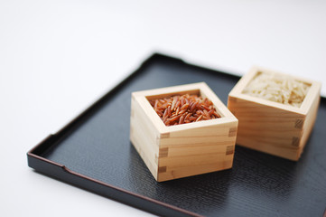 Red and brown rice in square containers
