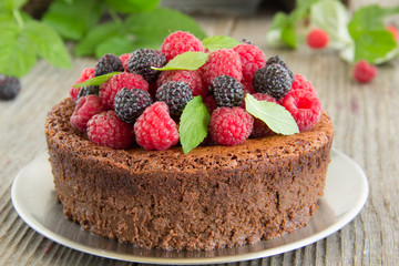 Chocolate mousse cake with raspberries.